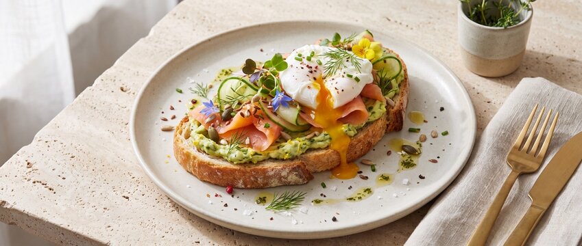 Avocado toast with poached egg and salmon. Gourmet breakfast dish with smoked fish.