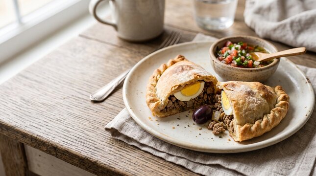 Gastronom&iacute;a chilena aut&eacute;ntica, pastel de choclo tradicional, empanadas de pino y pisco sour con estilo comercial y espacio negativo