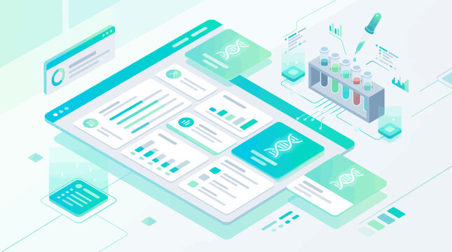 Isometric medical data analysis interface with DNA research and laboratory test tubes in teal color palette for digital health technology and scientific report presentation