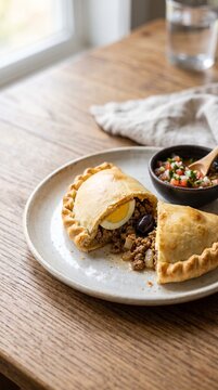 Gastronom&iacute;a chilena aut&eacute;ntica, pastel de choclo tradicional, empanadas de pino y pisco sour con estilo comercial y espacio negativo