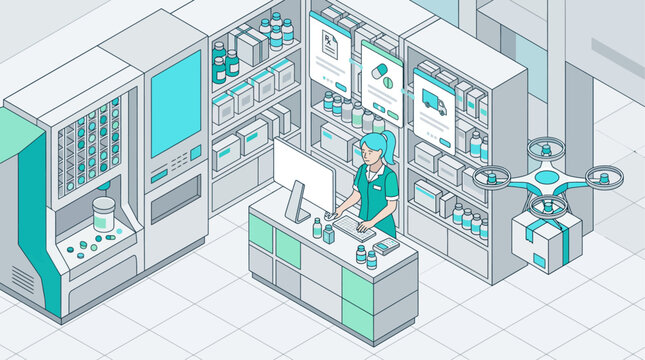Isometric pharmacy interior with pharmacist using digital technology and drone delivery service for medicine distribution