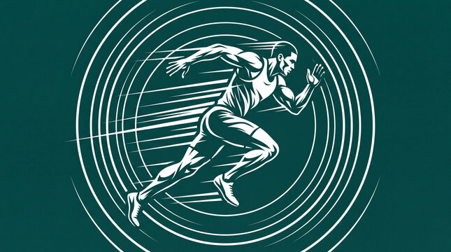 Dynamic vector illustration of a male sprinter running fast in a powerful athletic pose against a white circular motion background on a dark green backdrop