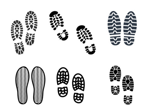 Shoe Footprint Vector Icon Set, Boot Print Tracks and Shoe Sole Imprints Isolated on White Background