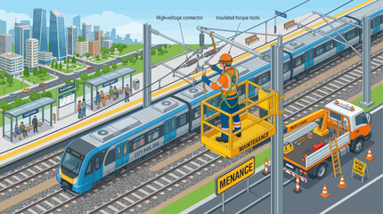 Obraz premium Isometric railway overhead line maintenance worker repairing electrical power cables at a city train station platform with utility truck and technical diagrams