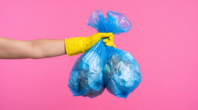 A person wearing yellow rubber gloves holding up two full blue plastic trash bags against a vibrant pink background during a household cleaning session.