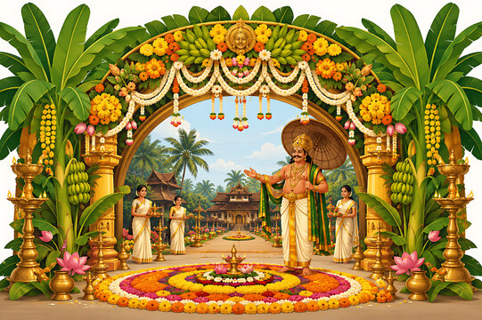 Onam Festival Celebration Featuring Beautiful Pookalam, Floral Rangoli, Kerala Tradition and Thiruvonam Festive Spirit