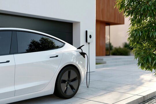 Electric Vehicle Charging Station with Modern Architecture and Car