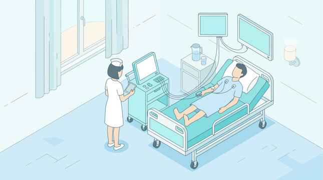 Isometric medical illustration of nurse checking patient monitor in hospital room for healthcare and clinical care concepts