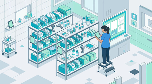Isometric medical supply room with healthcare worker using digital tablet for inventory management in hospital pharmacy, clinical storage facility, digital transformation in medicine