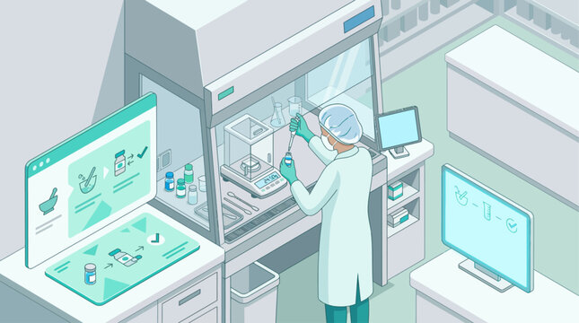 Isometric laboratory scientist working in a sterile laminar flow hood for pharmaceutical research and digital data analysis in a modern clinical setting