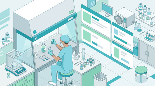 Isometric laboratory scene with researcher using pipette in medical research facility for scientific experimentation and digital data analysis