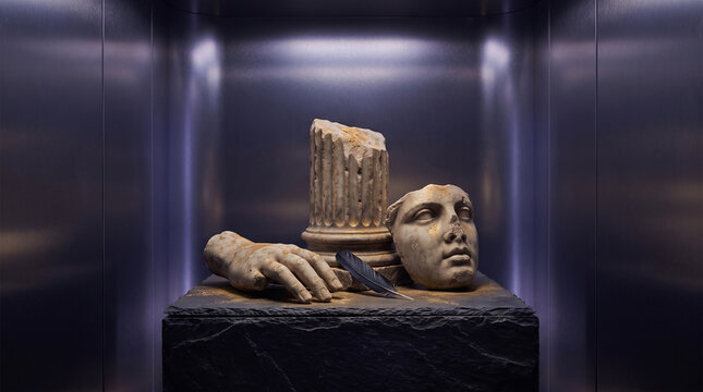 Fragmented classical marble statues and column on a stone block. Ancient artifacts with gold dust and a dark feather in a modern metallic display