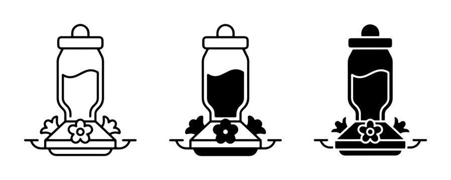 Hummingbird Feeder Icons, Set of 3, Line Art and Silhouette, Garden Wildlife Attractor