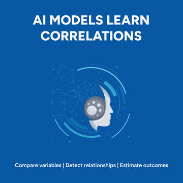 Artificial intelligence models learn correlations vector, machine learning concept with human profile and digital network, data science infographic