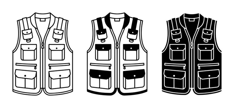 Fishing Vests, Outdoor Gear, Multi-Pocket Vests, Hunting Apparel, Vector Illustrations
