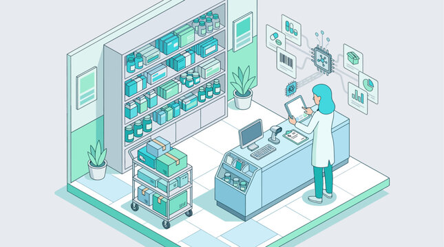 Isometric pharmacy interior with pharmacist using digital tablet for inventory management and digital health data analysis in a modern medical clinic setting