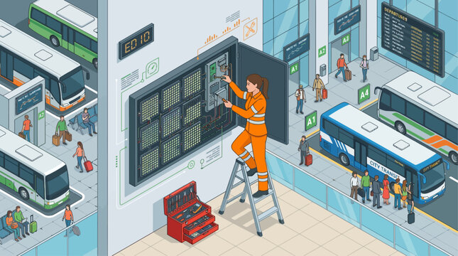 Isometric illustration of a technician repairing electrical equipment at a busy bus terminal with travelers and city transit buses in a modern flat vector style