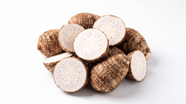 Fresh whole and sliced taro roots with purple speckled flesh piled on a white background for healthy vegetarian cooking and nutritious starch ingredients