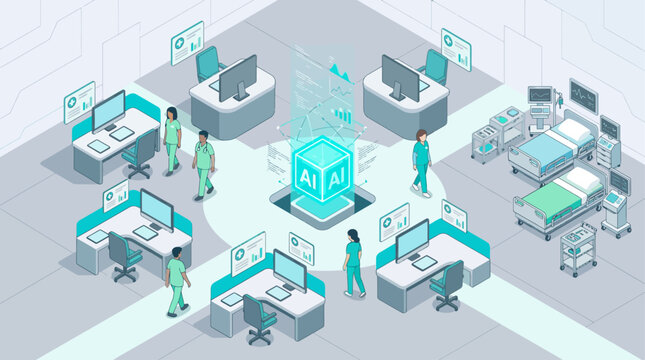 Isometric artificial intelligence in hospital environment with medical staff and digital healthcare data analytics for modern clinic management system