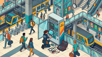 Obraz premium Isometric subway station scene with commuters and technician repairing ticket machine in a busy urban metro terminal for public transport infrastructure and city life concept