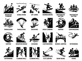 Obraz premium Adventure Sports Pictograms Collection Vector Illustration for Outdoor Recreation Activities Design Projects