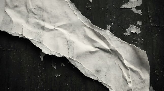 Torn strip of white paper peeling off a dark grunge wall texture, symbolizing vintage decay, urban texture and distressed background design.