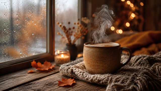 Cozy autumn coffee cup with steam by rainy window, warm hygge atmosphere with bokeh lights