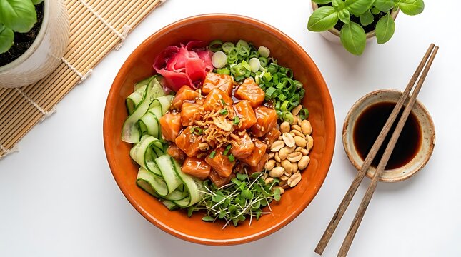Top view of a poke bowl with salmon, cucumber, radish, peanuts and greens served with chopsticks and soy sauce on a white background.