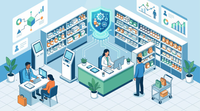 Isometric pharmacy interior with digital health technology and AI medical data protection concept for healthcare business and modern clinic management