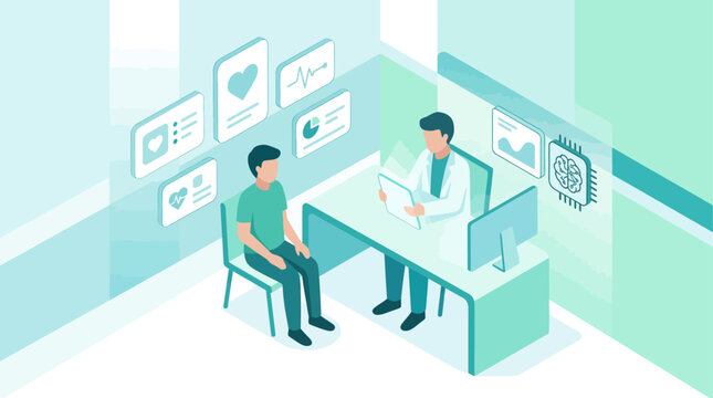 Isometric medical consultation with doctor and patient featuring digital health data icons in teal green color palette for healthcare technology and clinic communication