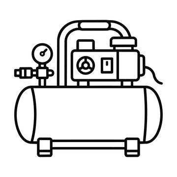 Black monoline icon of a portable electric air compressor with a sturdy handle and cylindrical tank isolated on white background minimalist industrial equipment concept