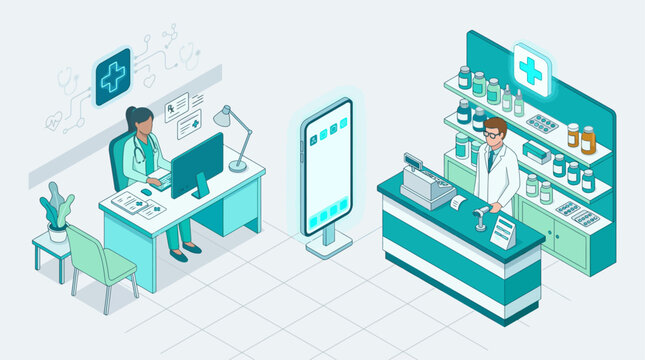Isometric pharmacy and doctor office illustration with medical staff and digital health technology in teal color palette for healthcare web design
