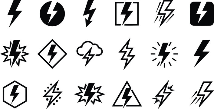 Lightning bolt icon set with 18 black vector elements, electric power symbols for energy and charging, minimalist flash and thunderbolt graphics