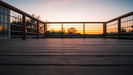 Naklejka premium A wooden deck at dusk, featuring a clean and serene composition with warm twilight hues.