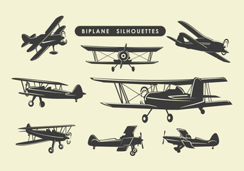 Seamless pattern of vintage biplane silhouettes retro aircraft vector background © VectorHubz