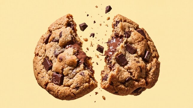 Flying broken chocolate chip cookie with melting chocolate on yellow
