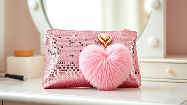 Pink sequined clutch purse with a fluffy heart charm on a vanity.