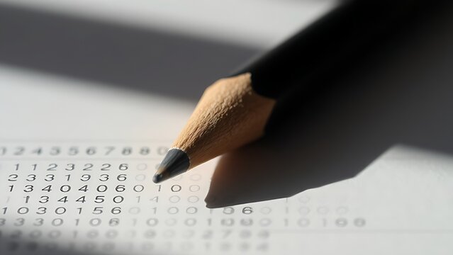 A sharpened pencil with a worn tip lying on a blank answer sheet.