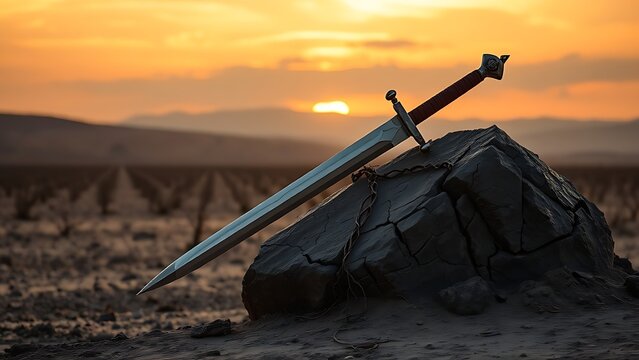 A medieval longsword thrust into a cracked boulder on a desolate plain at sunset.