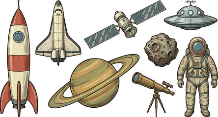 Vintage Retro Space Exploration Vector Icon Set Featuring Rocket Ships, Astronaut, Saturn Planet, Satellite, UFO, Telescope, and Asteroid for Engraving Style Designs © Sultana