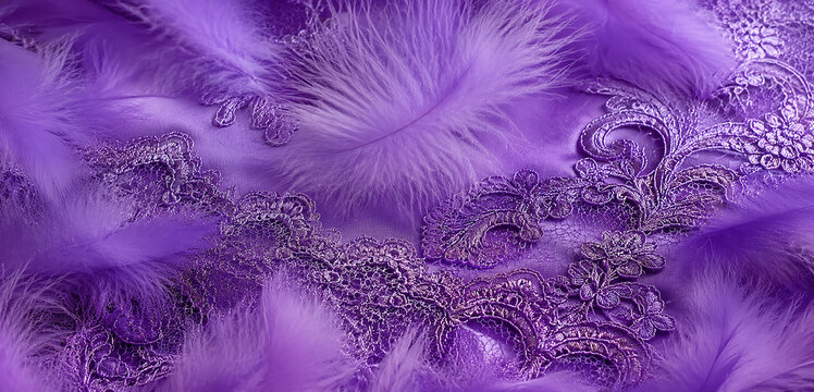 Elegant Purple Feathers and Intricate Lace Fabric Background