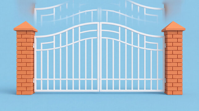 White metal double gate with red brick pillars on a light blue background showing an opening motion effect for a secure entrance concept