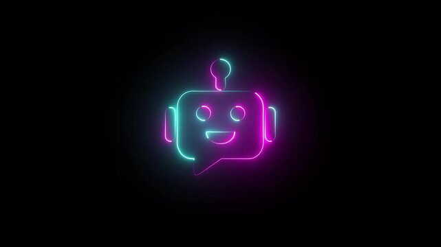 Futuristic animated neon robot icon for artificial intelligence and technology concepts animation, Concept of AI conversation, technical support, and automatic chatbot 4k