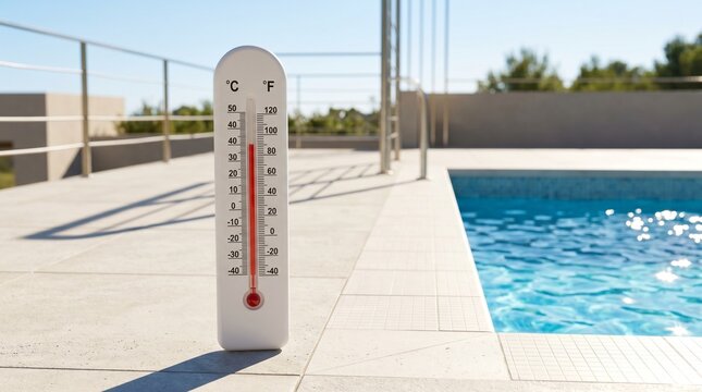 Poolside Thermometer During Extreme Heatwave At Empty Summer Deck