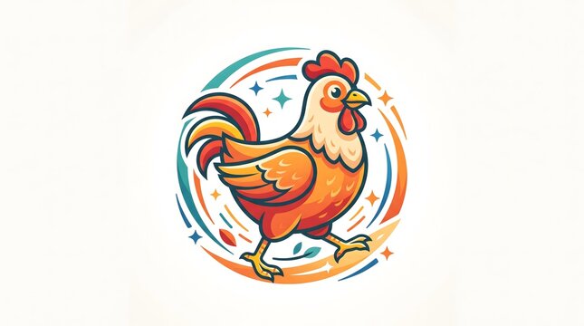 A vibrant and colorful cartoon vector illustration of a cheerful rooster walking inside a decorative circular badge frame with star elements, isolated on a white background