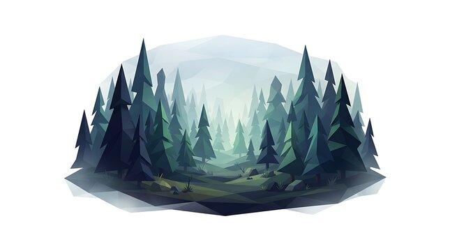Stylized Low Poly Evergreen Forest Landscape with Misty Mountains in Digital Art