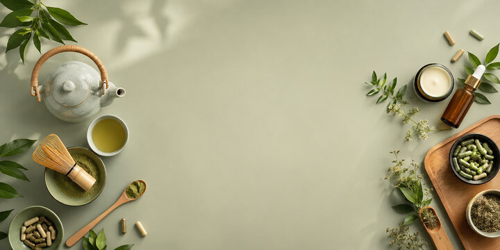 Organic Matcha Green Tea and Herbal Skincare Flat Lay Background
