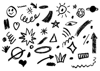 Fototapeta premium Hand-drawn children doodles and scribbles with eye, love, sun, star, arrow and various shapes for clipart, poster, and highlight. Vector illustration on white background.