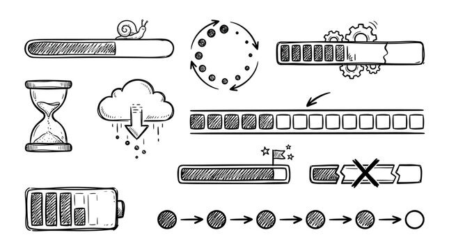 Hand Drawn Loading Progress Bar Icons Sketch Doodle Set