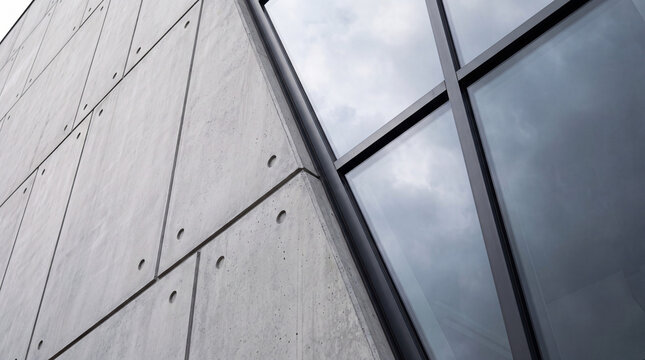 Modern architecture detail showing a grey concrete wall with circular holes next to a large glass window reflecting a cloudy sky in an urban building design.